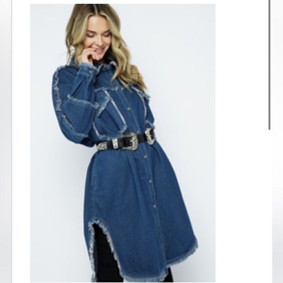 Vocal Denim Party Distressed Long Shacket - Picture 3 of 8